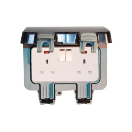 Ludeco Low Voltage Lighting UK Weatherproof IP66 Twin 13 Amp Switched Socket Outlet 2 Gang
