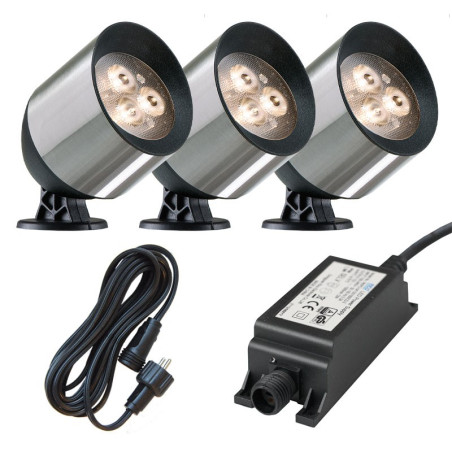 Ludeco Outdoor Lighting UK 12v Kit 3 Light Joren 1w SpotLight Steel